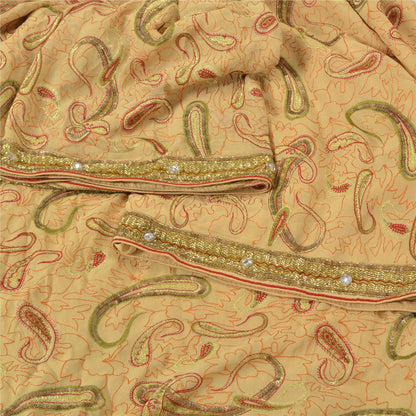 Sanskriti Vintage Cream Sarees 100% Pure Georgette Silk Hand Beaded Sari Sustainable Fabric