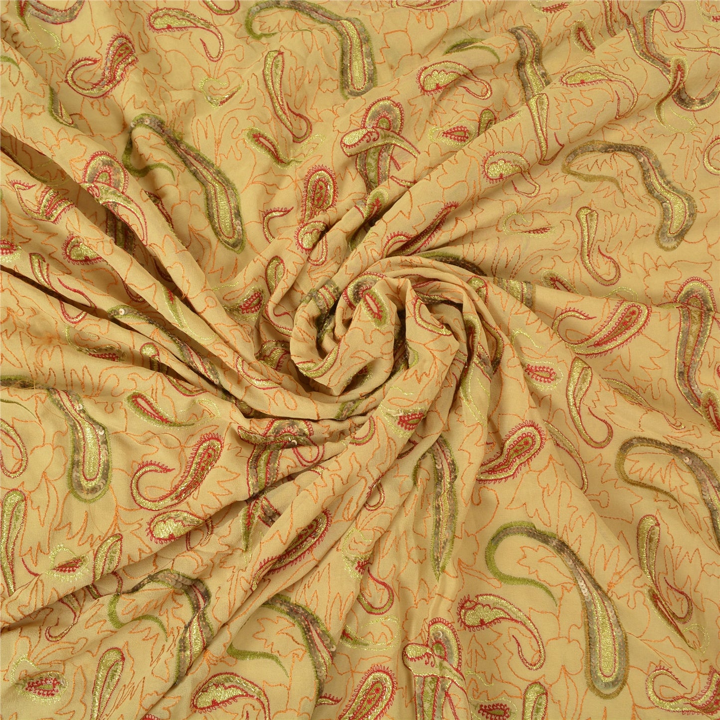 Sanskriti Vintage Cream Sarees 100% Pure Georgette Silk Hand Beaded Sari Sustainable Fabric