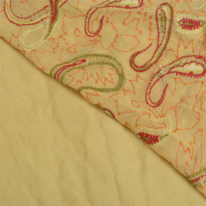 Sanskriti Vintage Cream Sarees 100% Pure Georgette Silk Hand Beaded Sari Sustainable Fabric
