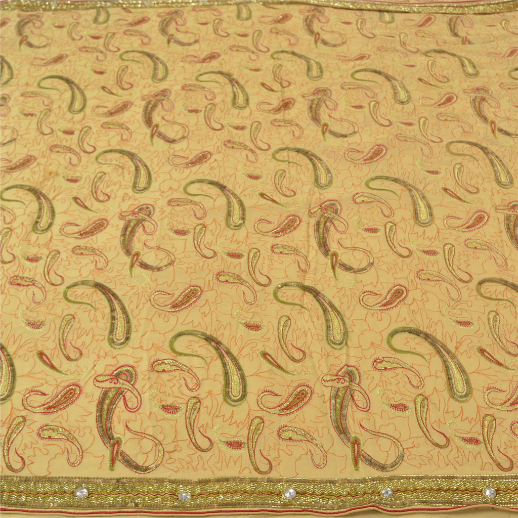 Sanskriti Vintage Cream Sarees 100% Pure Georgette Silk Hand Beaded Sari Sustainable Fabric