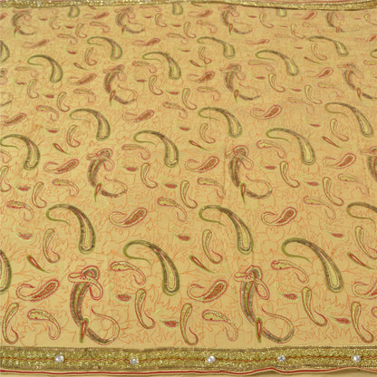Sanskriti Vintage Cream Sarees 100% Pure Georgette Silk Hand Beaded Sari Sustainable Fabric