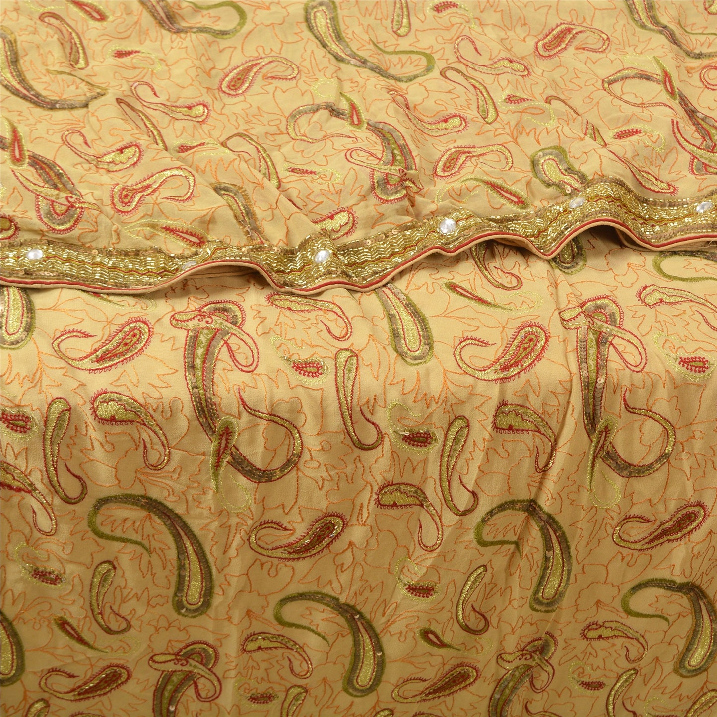 Sanskriti Vintage Cream Sarees 100% Pure Georgette Silk Hand Beaded Sari Sustainable Fabric