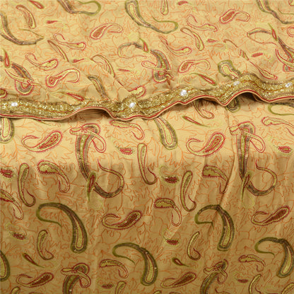 Sanskriti Vintage Cream Sarees 100% Pure Georgette Silk Hand Beaded Sari Sustainable Fabric