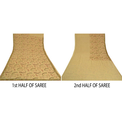 Sanskriti Vintage Cream Sarees 100% Pure Georgette Silk Hand Beaded Sari Sustainable Fabric