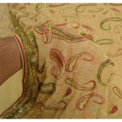 Sanskriti Vintage Cream Sarees 100% Pure Georgette Silk Hand Beaded Sari Sustainable Fabric
