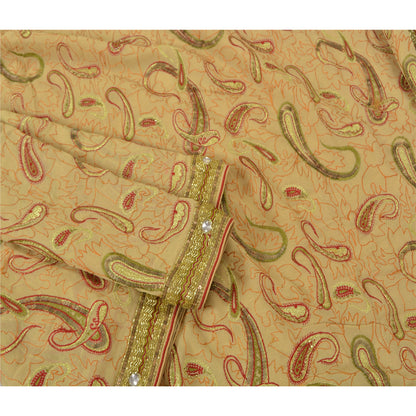 Sanskriti Vintage Cream Sarees 100% Pure Georgette Silk Hand Beaded Sari Sustainable Fabric