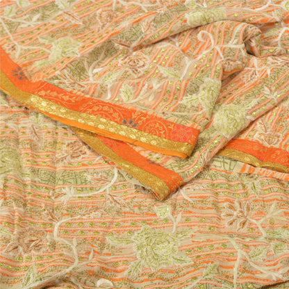 Sanskriti Vintage Ivory Sarees Pure Georgette Silk Embroidered Sustainable Fabric 5 YD Sari