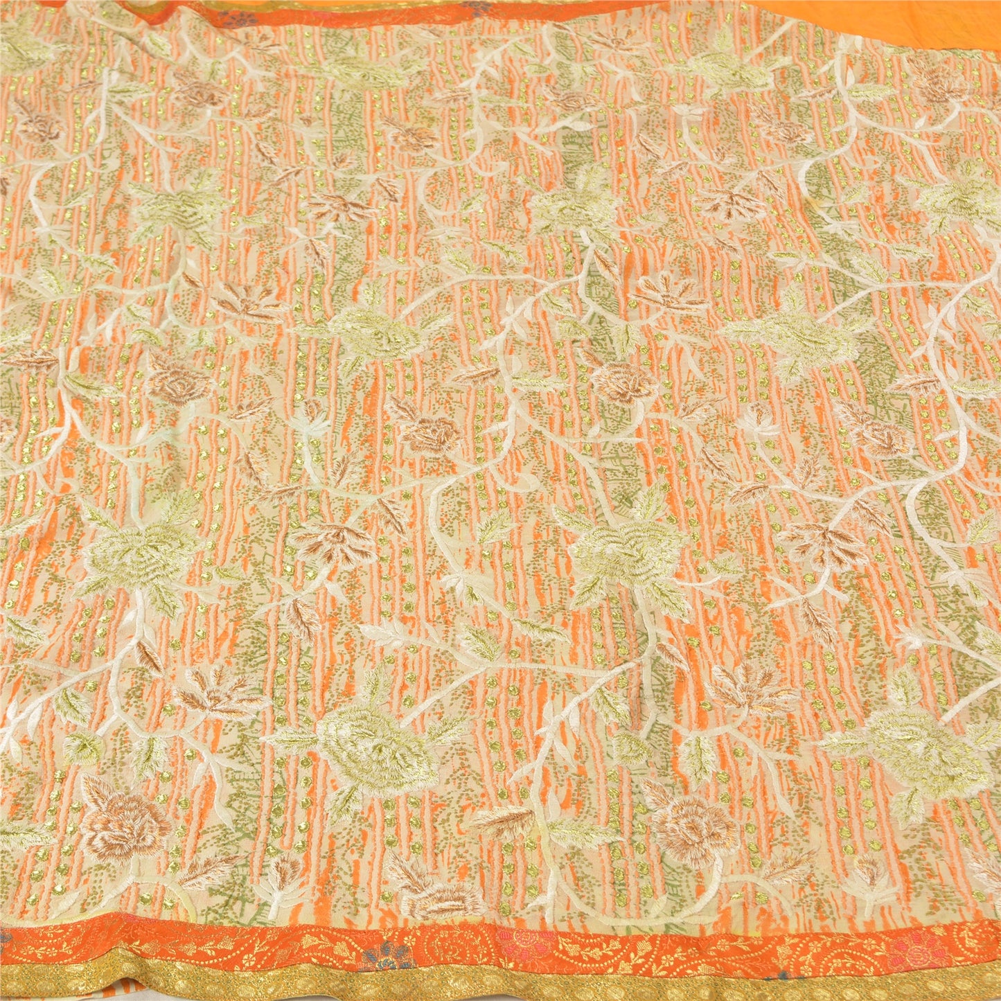 Sanskriti Vintage Ivory Sarees Pure Georgette Silk Embroidered Sustainable Fabric 5 YD Sari