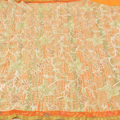 Sanskriti Vintage Ivory Sarees Pure Georgette Silk Embroidered Sustainable Fabric 5 YD Sari