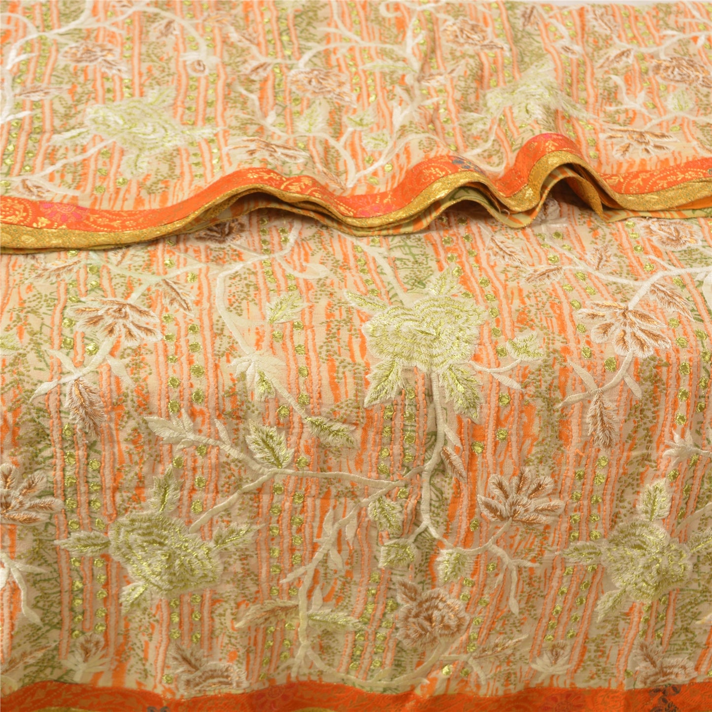 Sanskriti Vintage Ivory Sarees Pure Georgette Silk Embroidered Sustainable Fabric 5 YD Sari