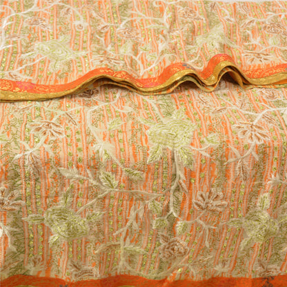 Sanskriti Vintage Ivory Sarees Pure Georgette Silk Embroidered Sustainable Fabric 5 YD Sari