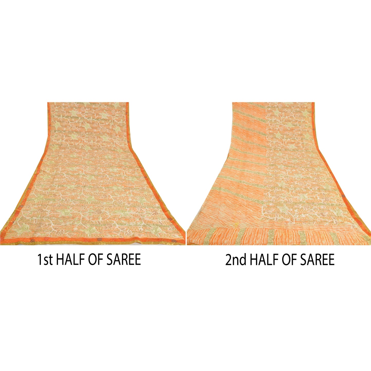 Sanskriti Vintage Ivory Sarees Pure Georgette Silk Embroidered Sustainable Fabric 5 YD Sari