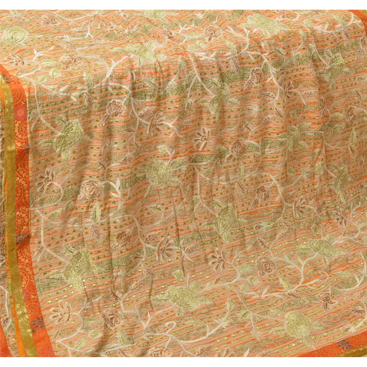 Sanskriti Vintage Ivory Sarees Pure Georgette Silk Embroidered Sustainable Fabric 5 YD Sari