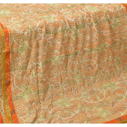 Sanskriti Vintage Ivory Sarees Pure Georgette Silk Embroidered Sustainable Fabric 5 YD Sari