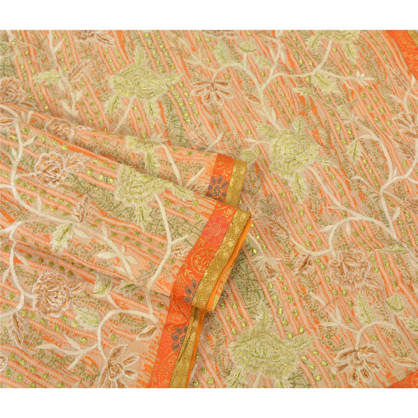 Sanskriti Vintage Ivory Sarees Pure Georgette Silk Embroidered Sustainable Fabric 5 YD Sari