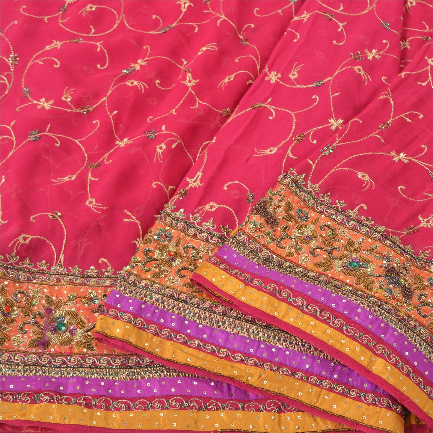 Sanskriti Vintage Pink Sarees Pure Georgette Silk Handmade Zardozi Sari Fabric