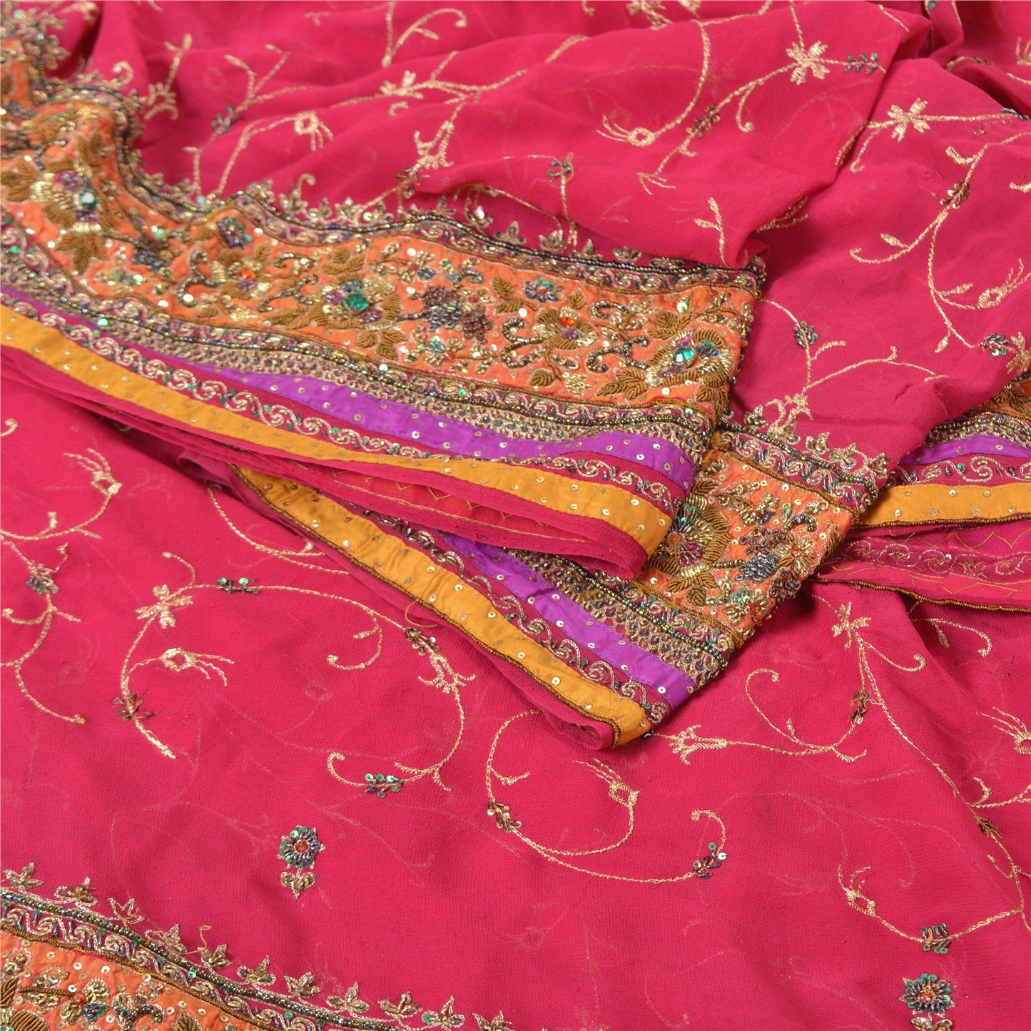 Sanskriti Vintage Pink Sarees Pure Georgette Silk Handmade Zardozi Sari Fabric