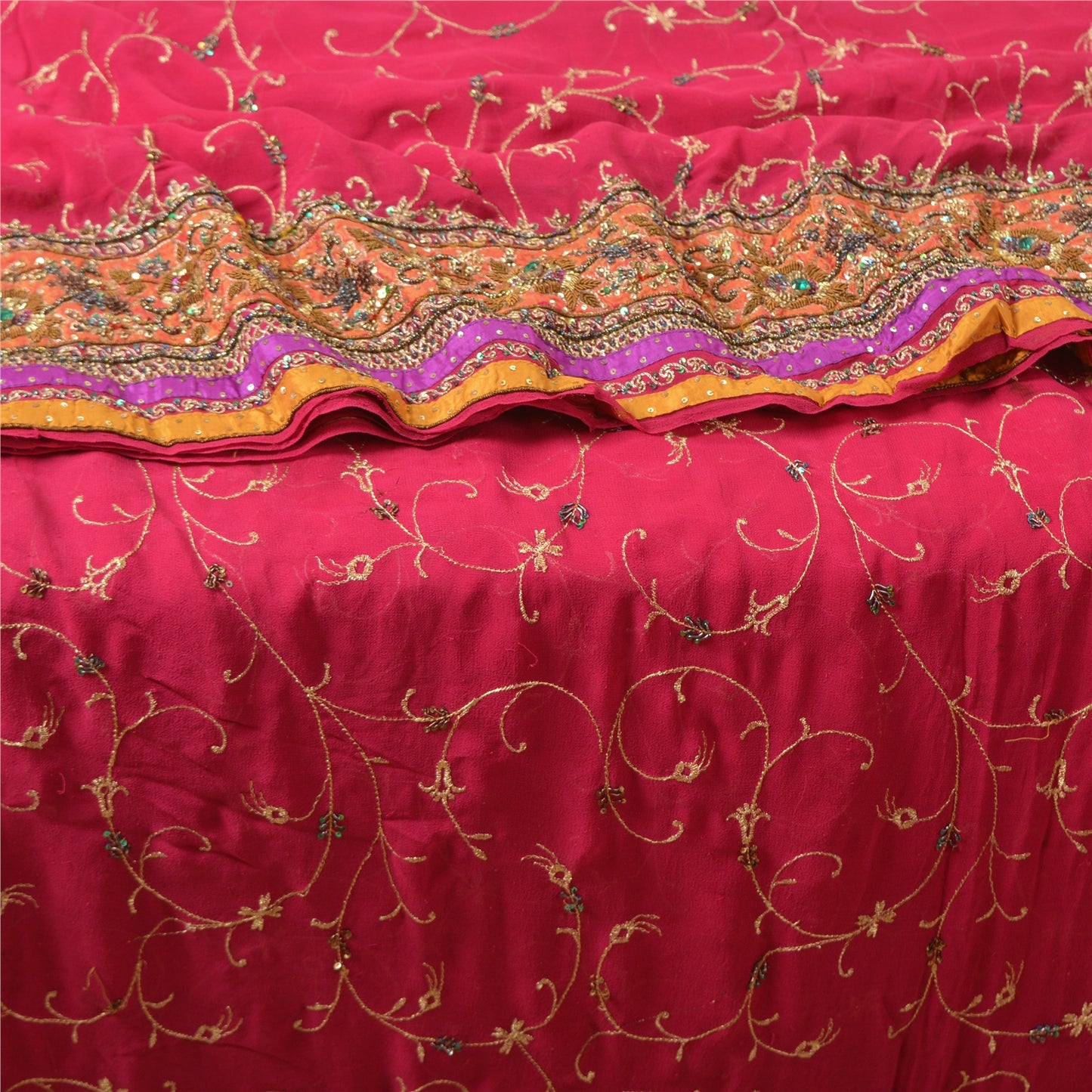 Sanskriti Vintage Pink Sarees Pure Georgette Silk Handmade Zardozi Sari Fabric