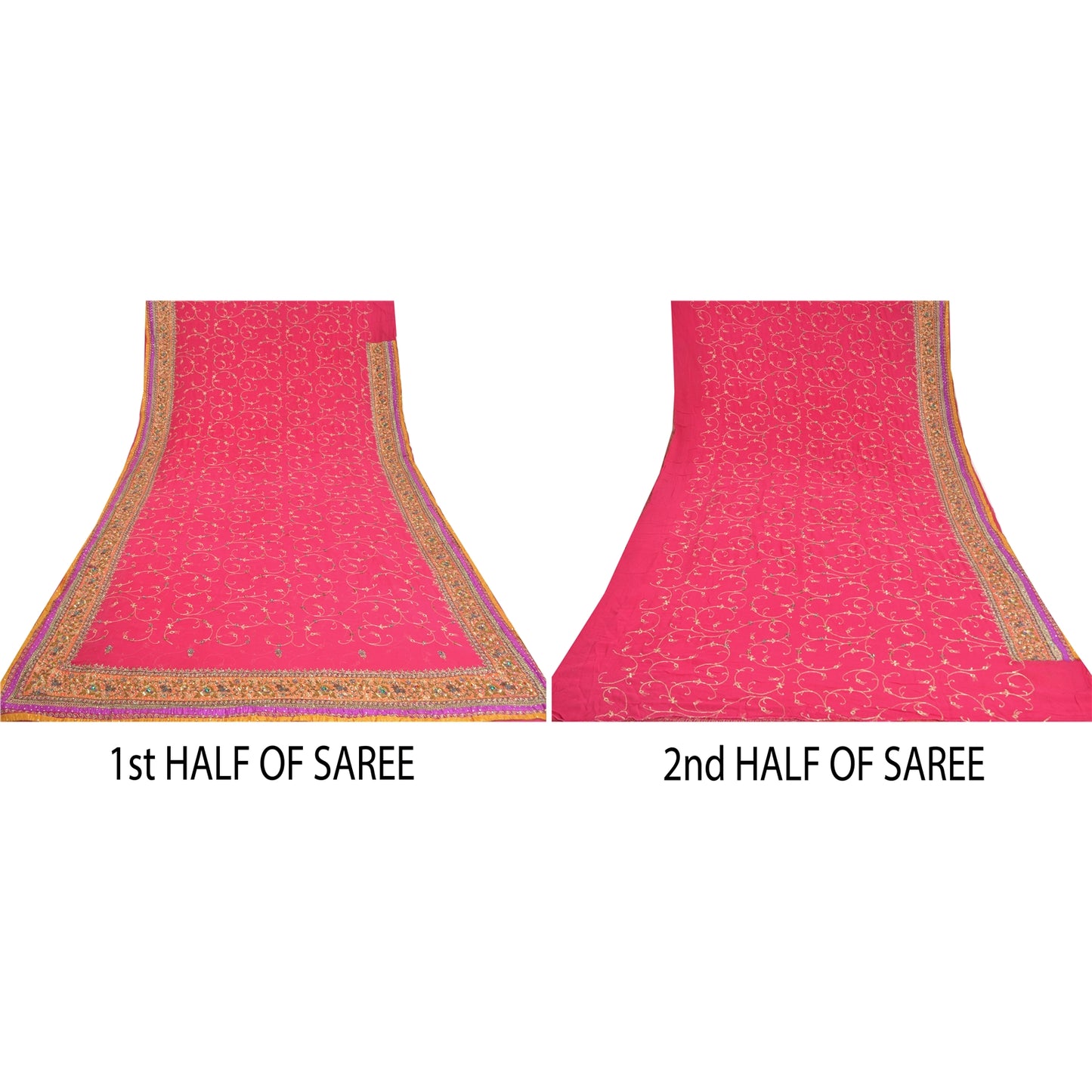 Sanskriti Vintage Pink Sarees Pure Georgette Silk Handmade Zardozi Sari Fabric