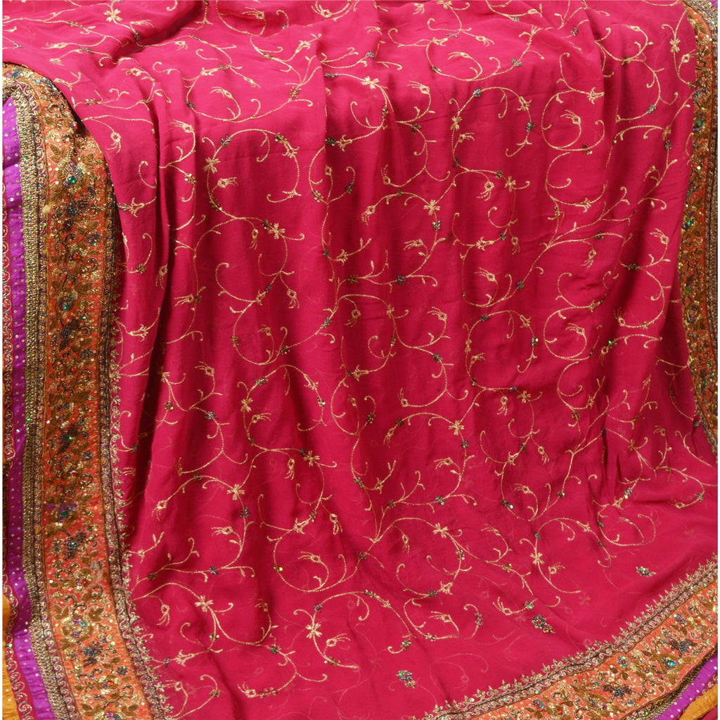 Sanskriti Vintage Pink Sarees Pure Georgette Silk Handmade Zardozi Sari Fabric