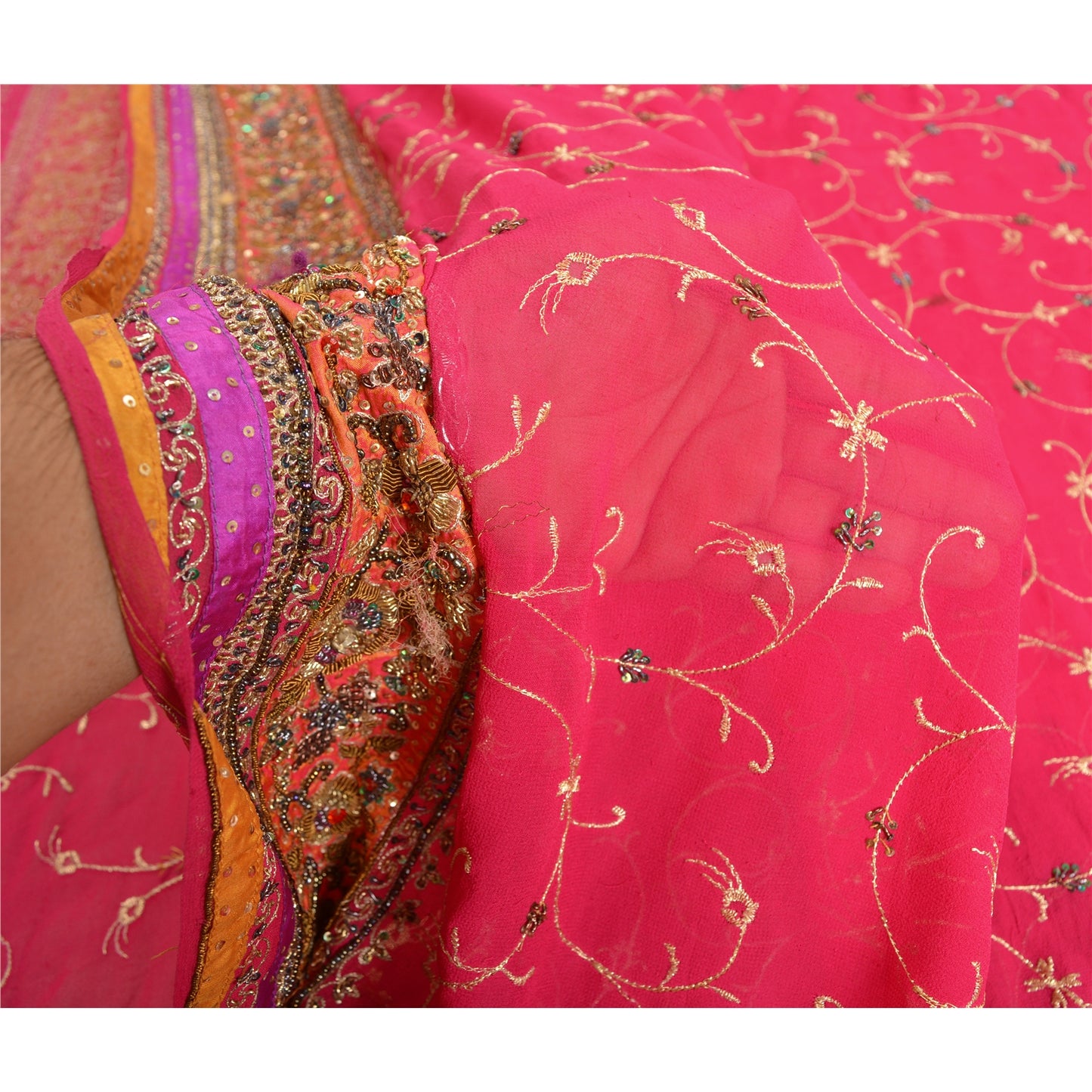 Sanskriti Vintage Pink Sarees Pure Georgette Silk Handmade Zardozi Sari Fabric