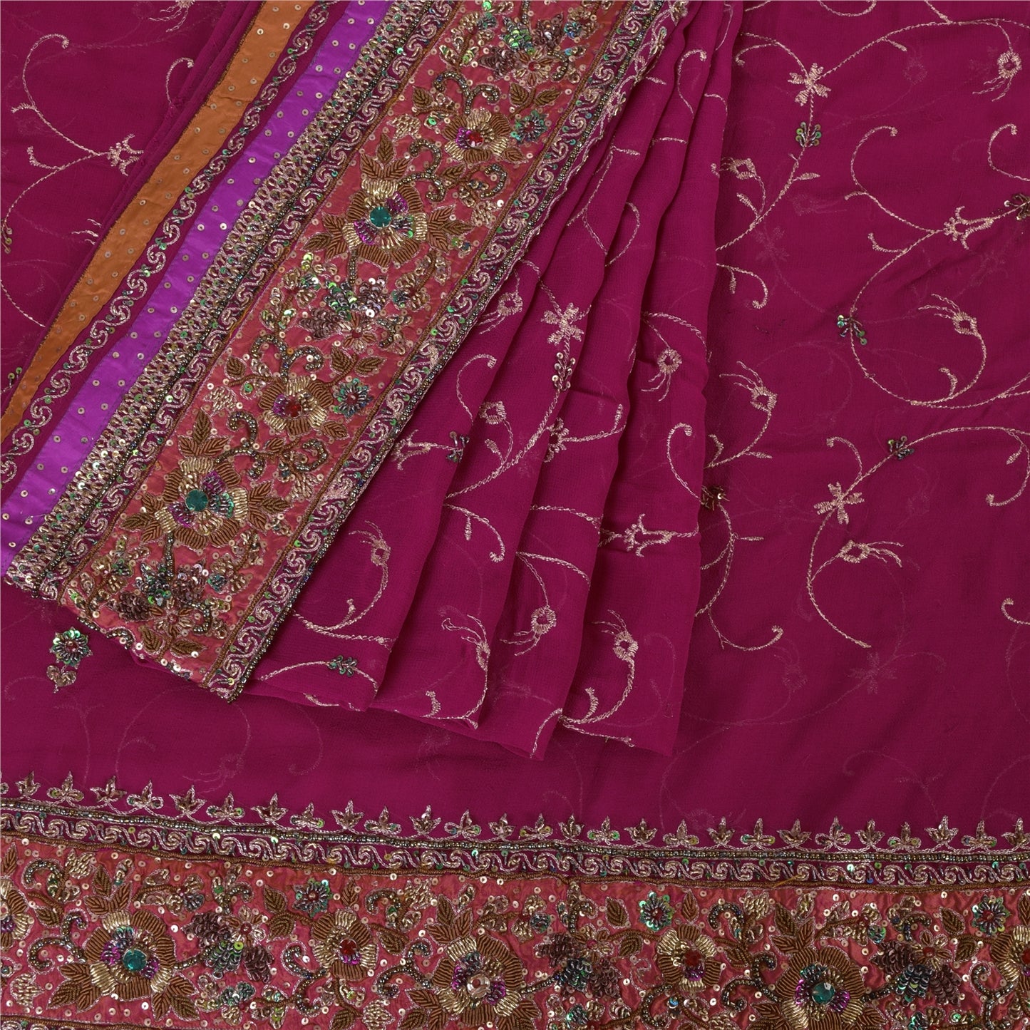 Sanskriti Vintage Pink Sarees Pure Georgette Silk Handmade Zardozi Sari Fabric