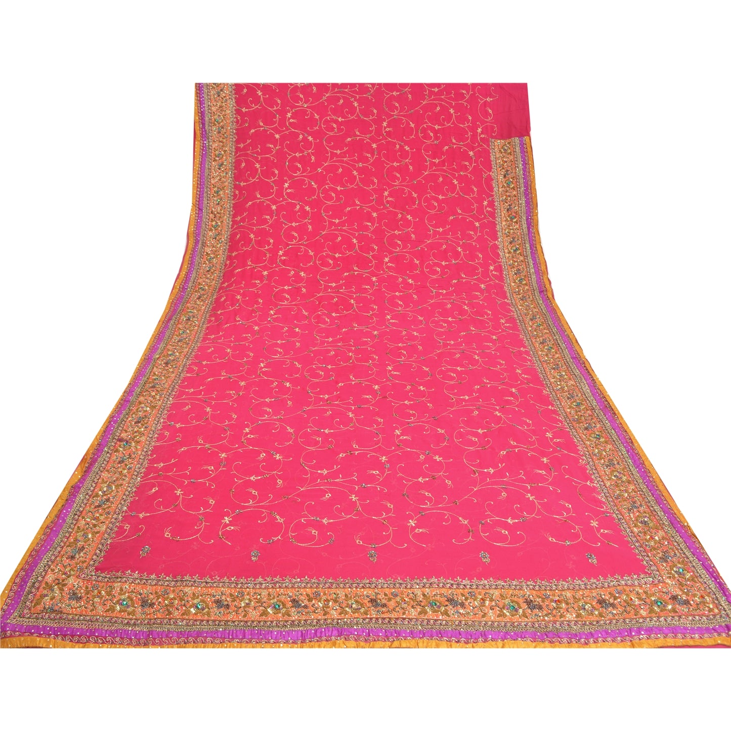 Sanskriti Vintage Pink Sarees Pure Georgette Silk Handmade Zardozi Sari Fabric