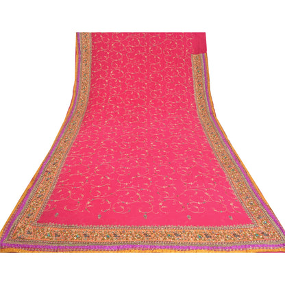 Sanskriti Vintage Pink Sarees Pure Georgette Silk Handmade Zardozi Sari Fabric