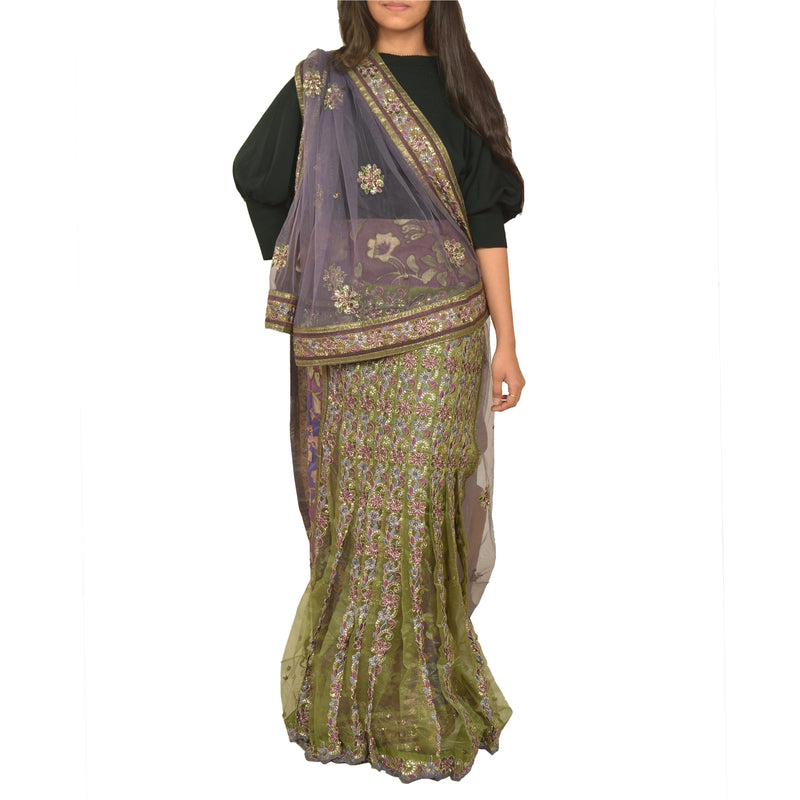 Sanskriti Vintage Lehenga Saree Net Mesh Embroidered Purple & Green Saree Zari Sequins 5yd Craft Fabric Wedding Saree Partywear Dress