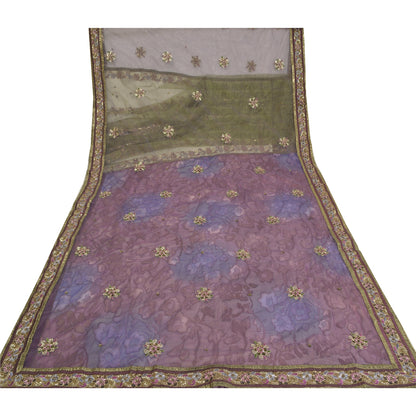 Sanskrit Vintage Purple/Green Sarees Embroidered Net Mesh Sustainable Fabric Lehenga Sari