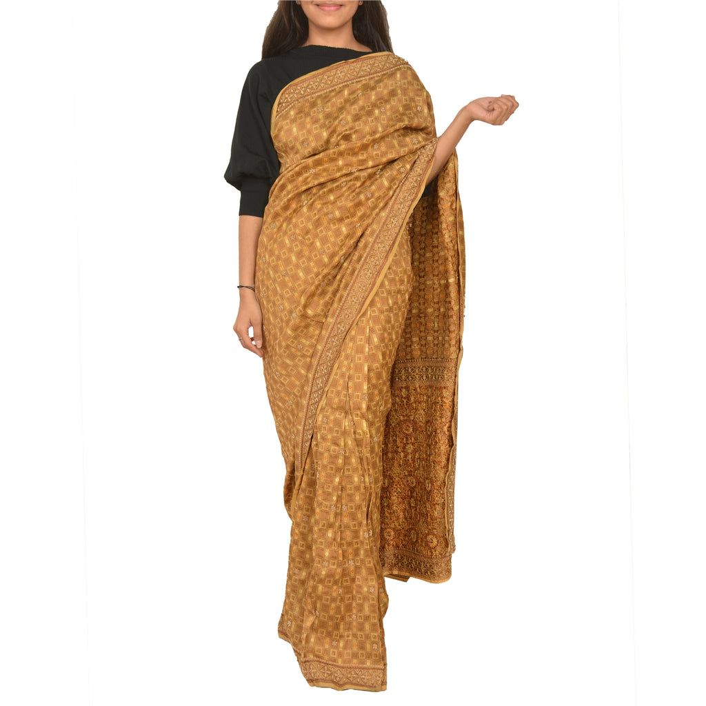 Sanskriti Vintage Cream Sarees Hand Beaded Pure Silk Sustainable Fabric Lehernga Sari