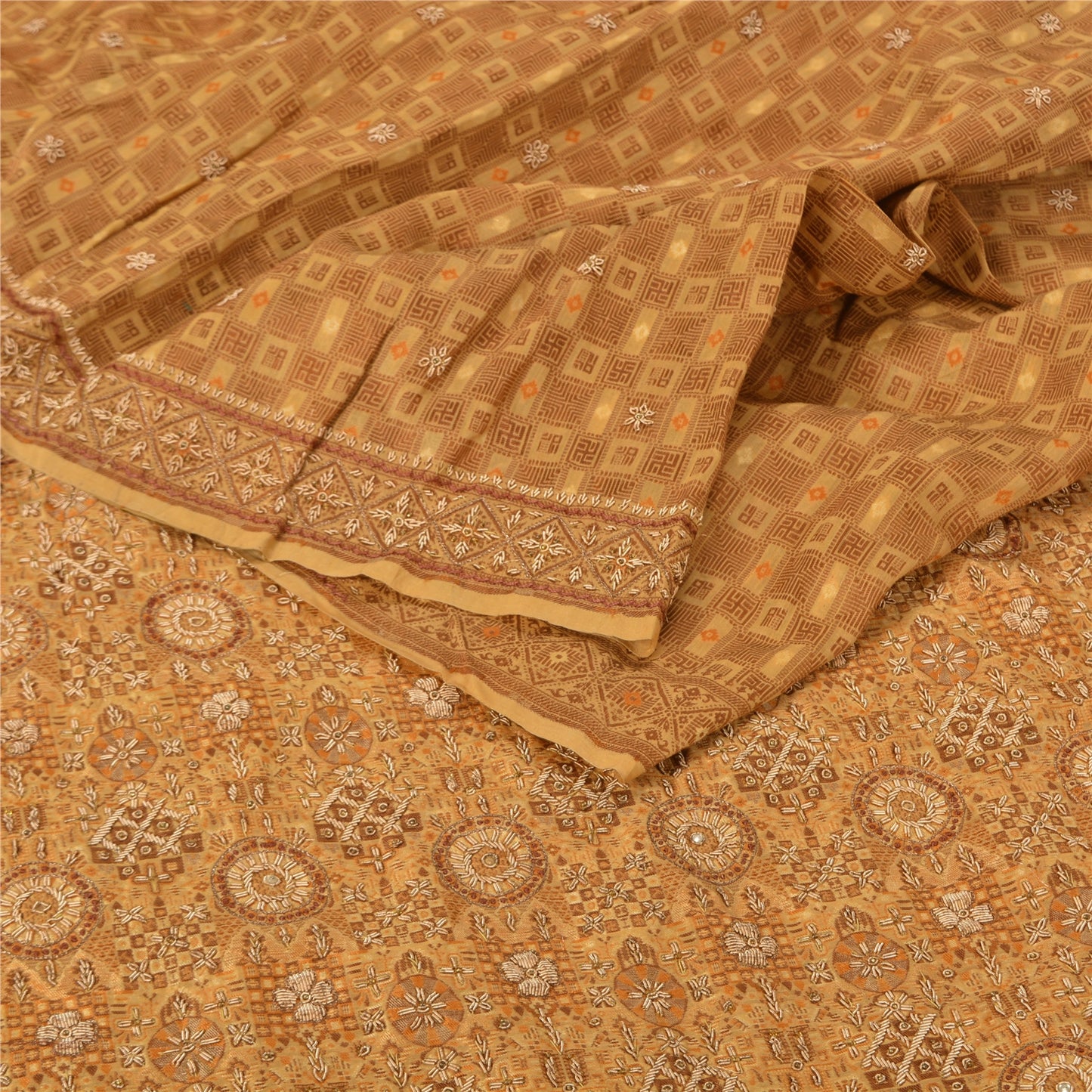Sanskriti Vintage Cream Sarees Hand Beaded Pure Silk Sustainable Fabric Lehernga Sari