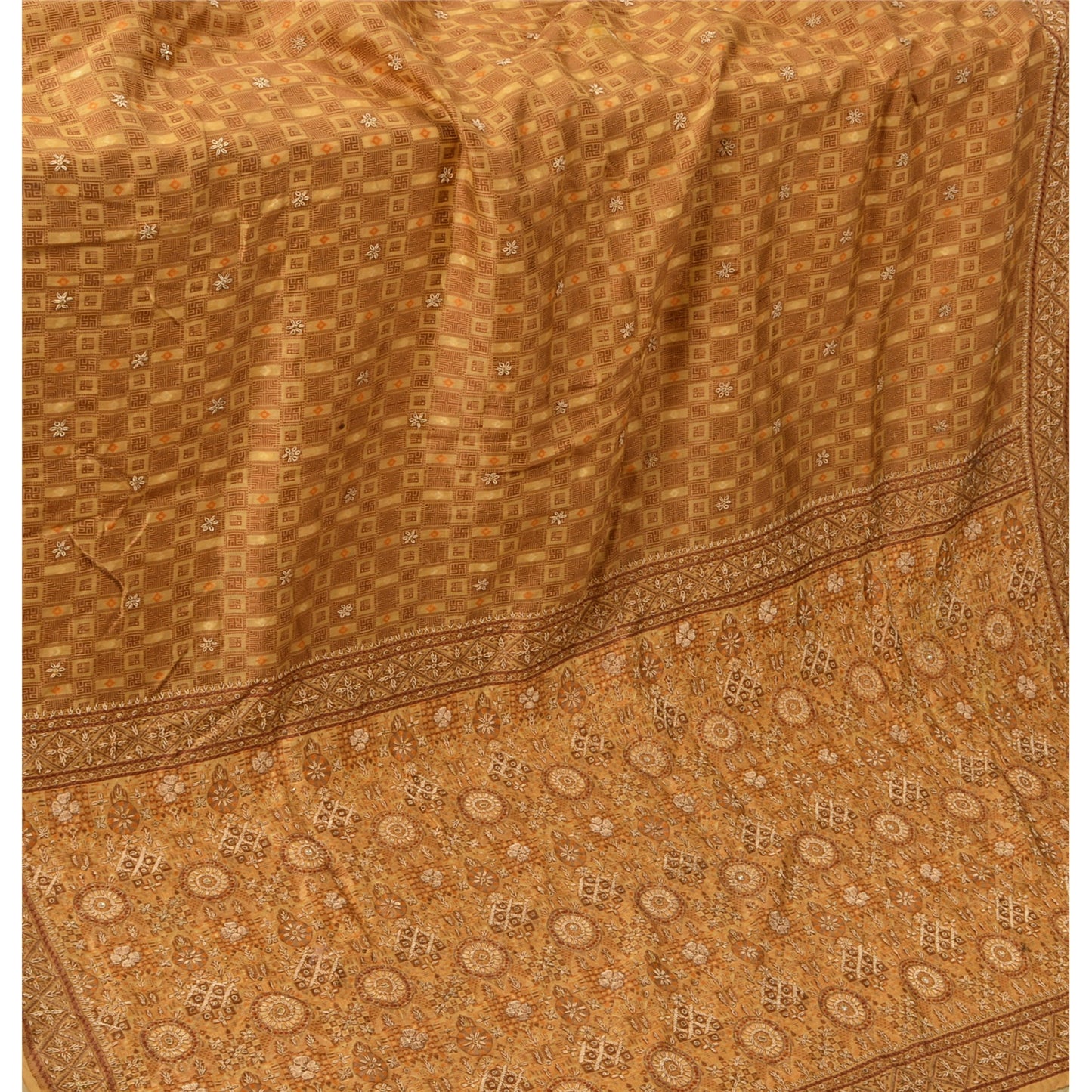 Sanskriti Vintage Cream Sarees Hand Beaded Pure Silk Sustainable Fabric Lehernga Sari