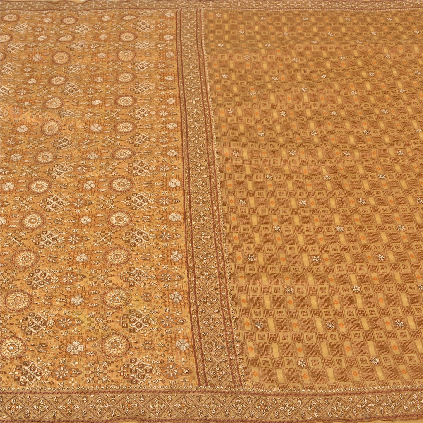 Sanskriti Vintage Cream Sarees Hand Beaded Pure Silk Sustainable Fabric Lehernga Sari