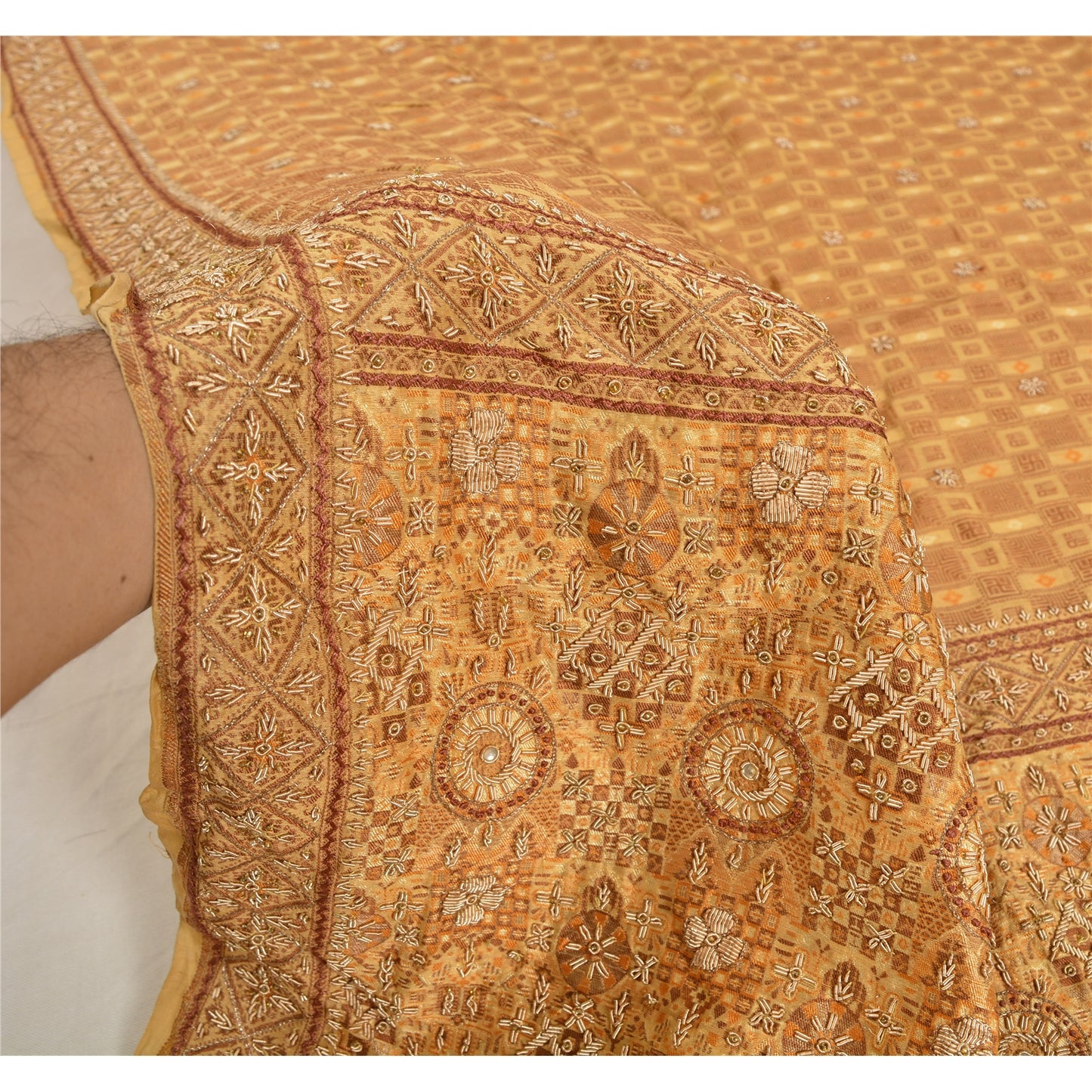 Sanskriti Vintage Cream Sarees Hand Beaded Pure Silk Sustainable Fabric Lehernga Sari