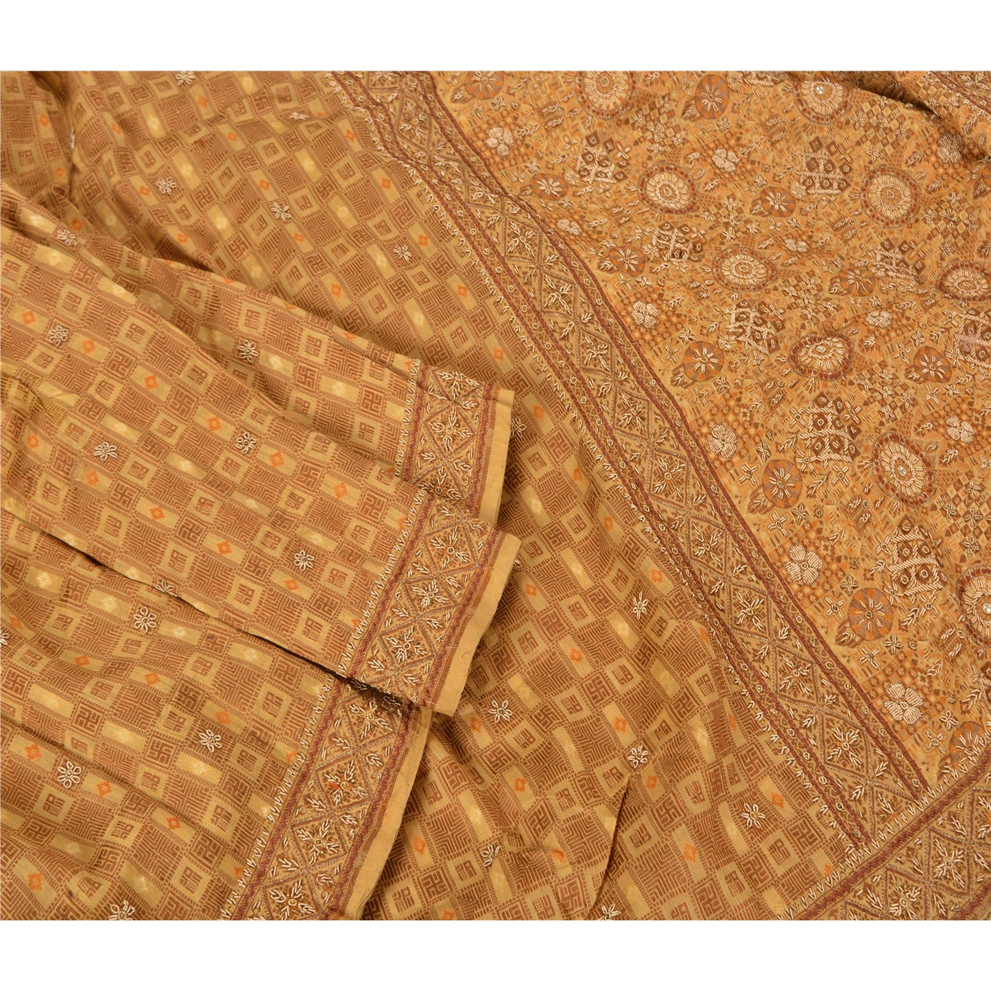 Sanskriti Vintage Cream Sarees Hand Beaded Pure Silk Sustainable Fabric Lehernga Sari