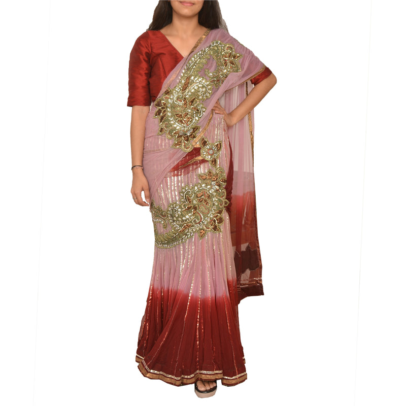 Sanskriti Vintage Pre Stitched Lehenga Net Sari Pink & Dark Red Indian Sarees Hand Bead Gota Pattin Sequins 5+YD For, Upcyclers, Wearing