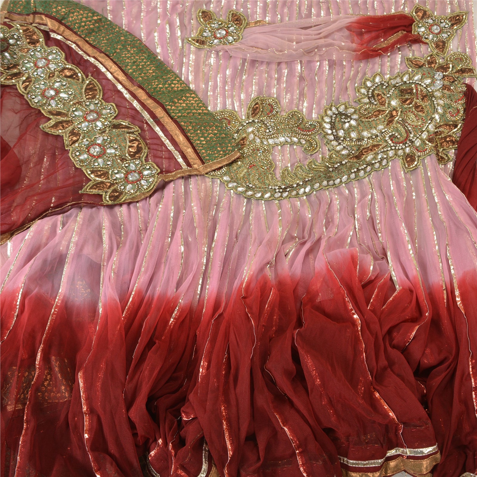 Sanskriti Vintage Pre Stitched Lehenga Net Sari Pink & Dark Red Indian Sarees Hand Bead Gota Pattin Sequins 5+YD For, Upcyclers, Wearing