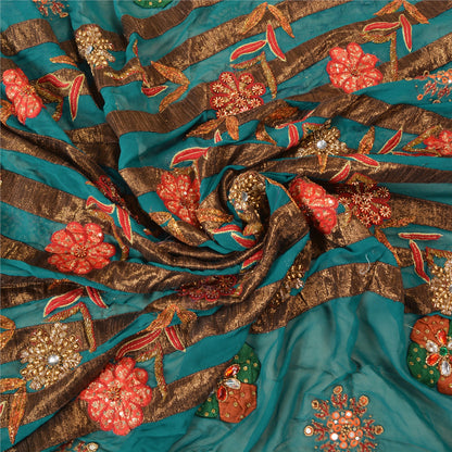 Sanskriti Vintage Teal Bollywood Sarees Pure Georgette Silk Beaded Fabric/Sari