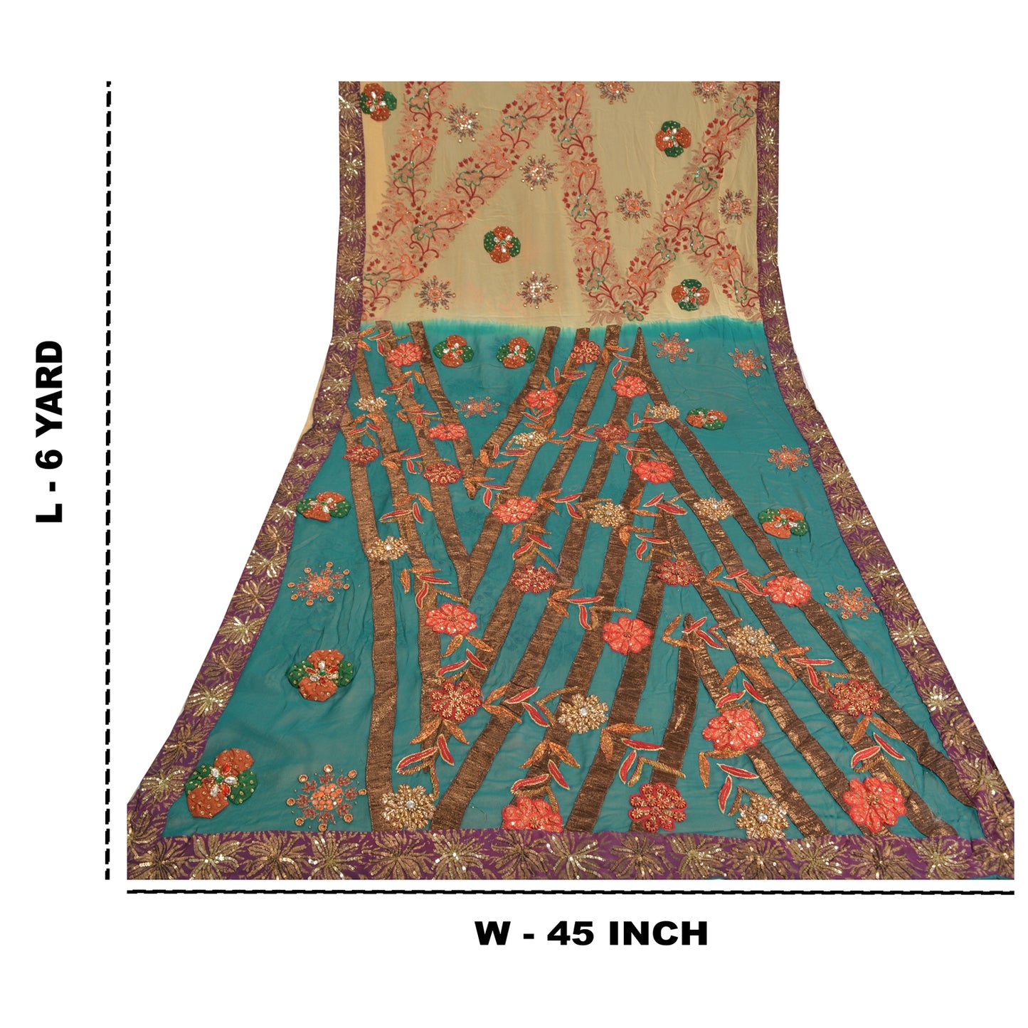 Sanskriti Vintage Teal Bollywood Sarees Pure Georgette Silk Beaded Fabric/Sari