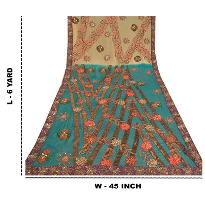 Sanskriti Vintage Teal Bollywood Sarees Pure Georgette Silk Beaded Fabric/Sari