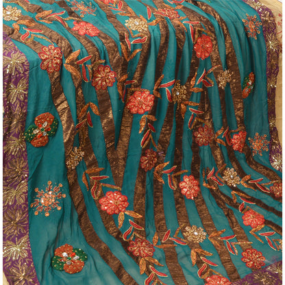 Sanskriti Vintage Teal Bollywood Sarees Pure Georgette Silk Beaded Fabric/Sari