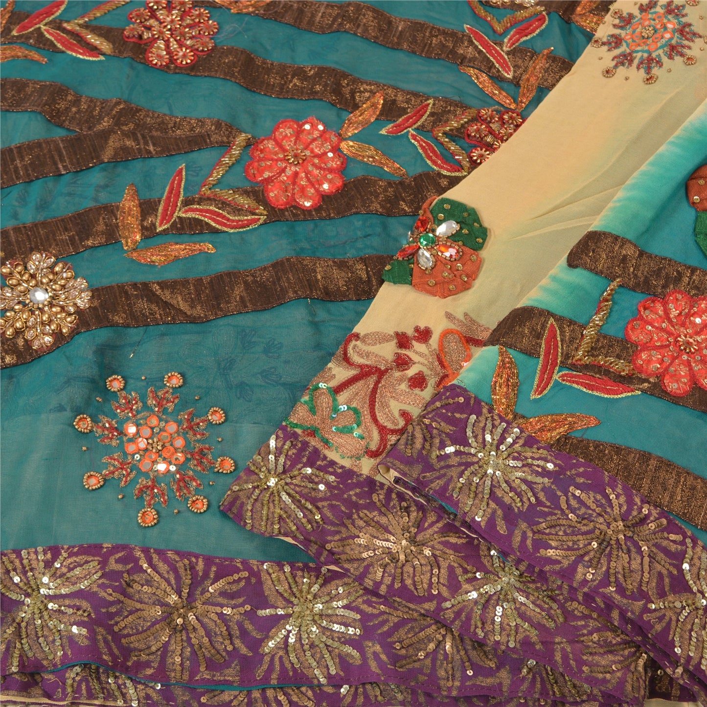 Sanskriti Vintage Teal Bollywood Sarees Pure Georgette Silk Beaded Fabric/Sari