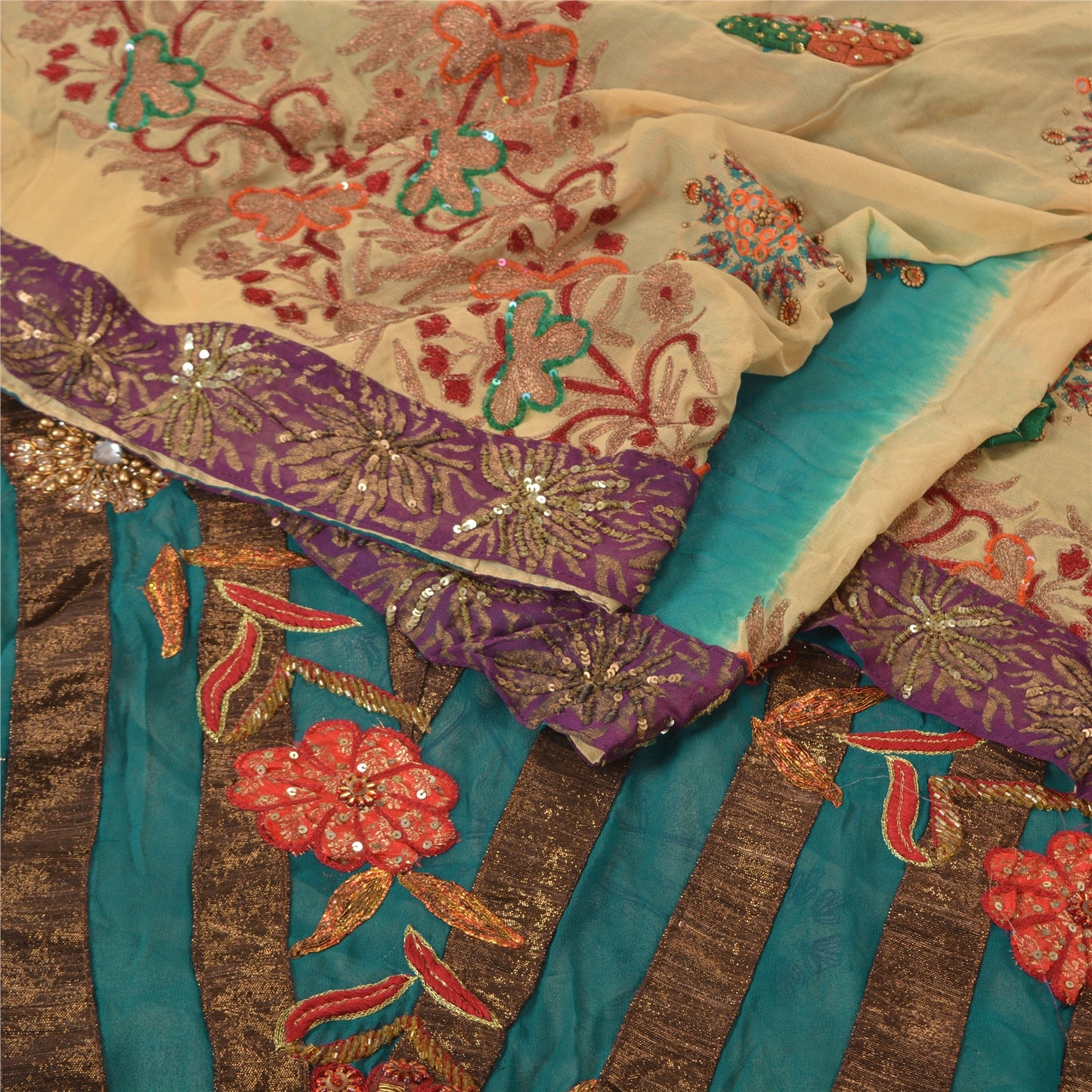 Sanskriti Vintage Teal Bollywood Sarees Pure Georgette Silk Beaded Fabric/Sari