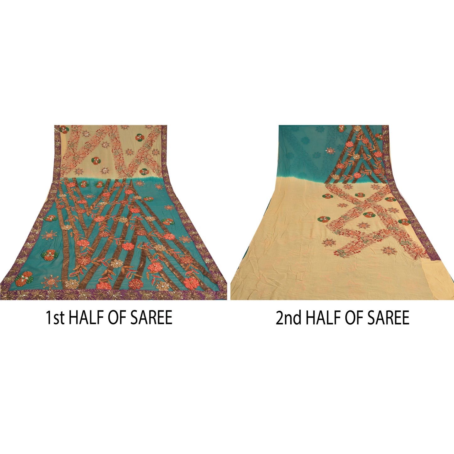 Sanskriti Vintage Teal Bollywood Sarees Pure Georgette Silk Beaded Fabric/Sari