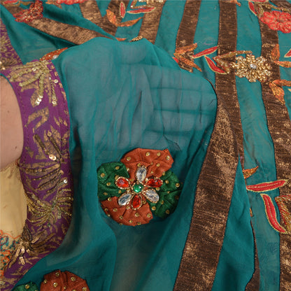 Sanskriti Vintage Teal Bollywood Sarees Pure Georgette Silk Beaded Fabric/Sari