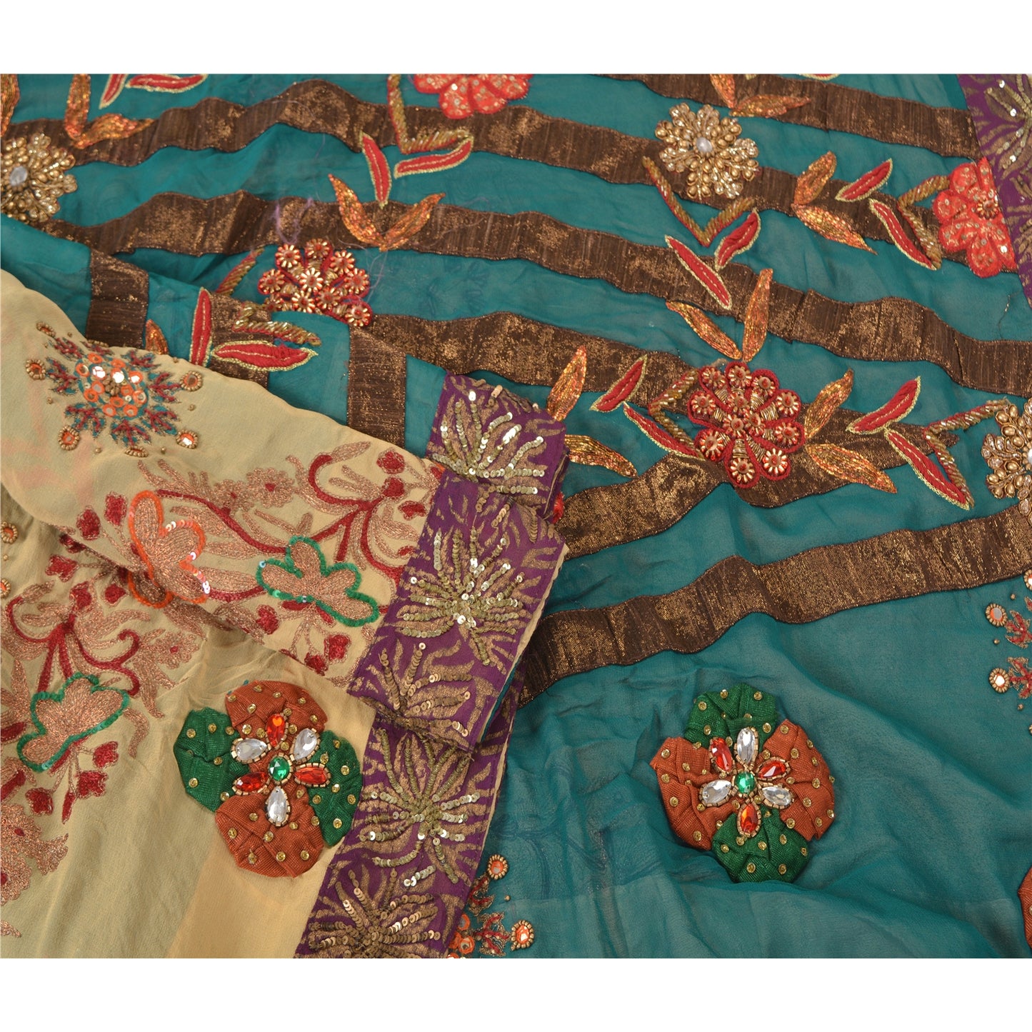 Sanskriti Vintage Teal Bollywood Sarees Pure Georgette Silk Beaded Fabric/Sari
