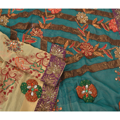 Sanskriti Vintage Teal Bollywood Sarees Pure Georgette Silk Beaded Fabric/Sari