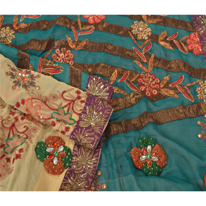 Sanskriti Vintage Sari 100% Pure Georgette Silk Teal Blue & Cream Bollywood Wedding Sarees Zari Zardozi Hand Beaded 6yd Craft Fabric