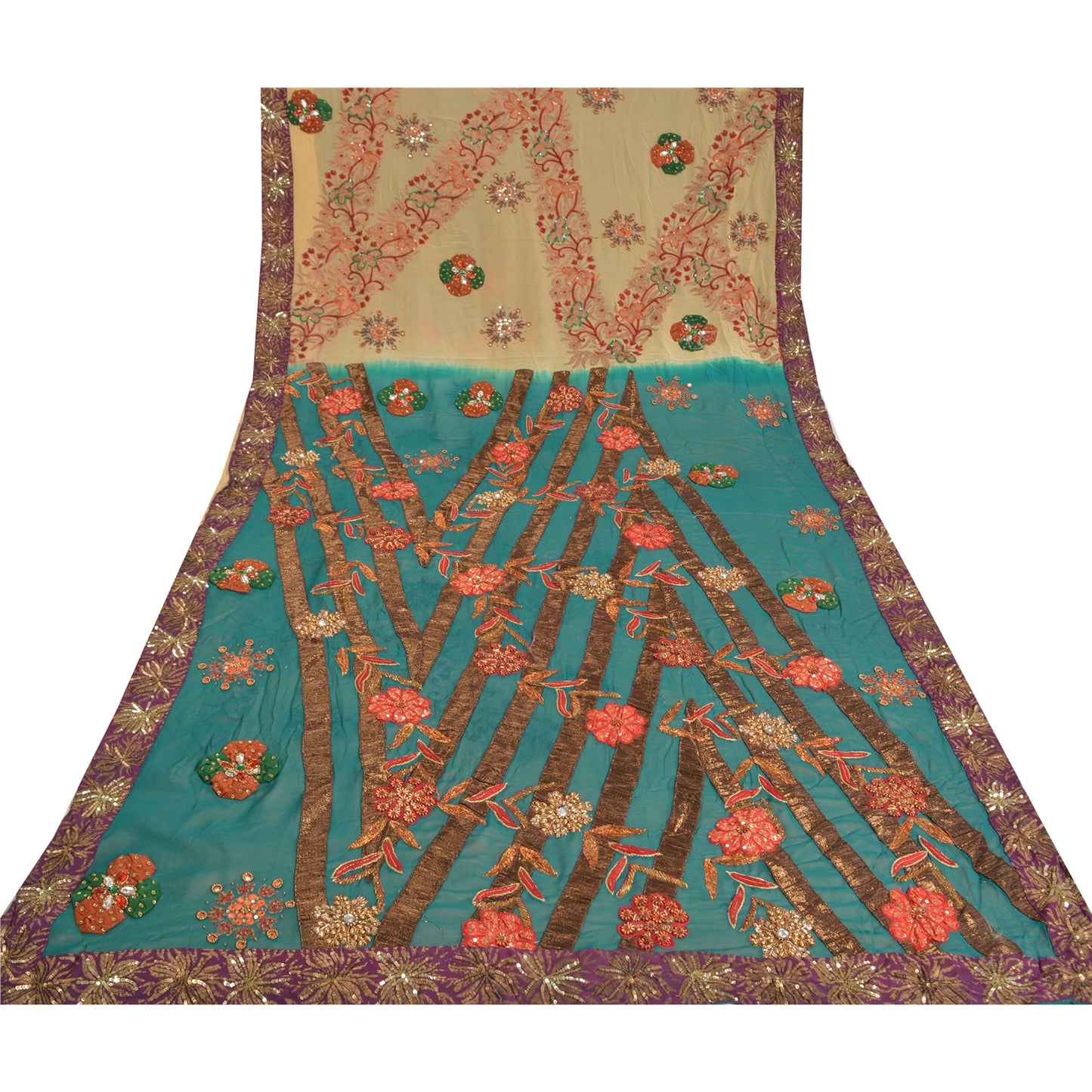 Sanskriti Vintage Teal Bollywood Sarees Pure Georgette Silk Beaded Fabric/Sari